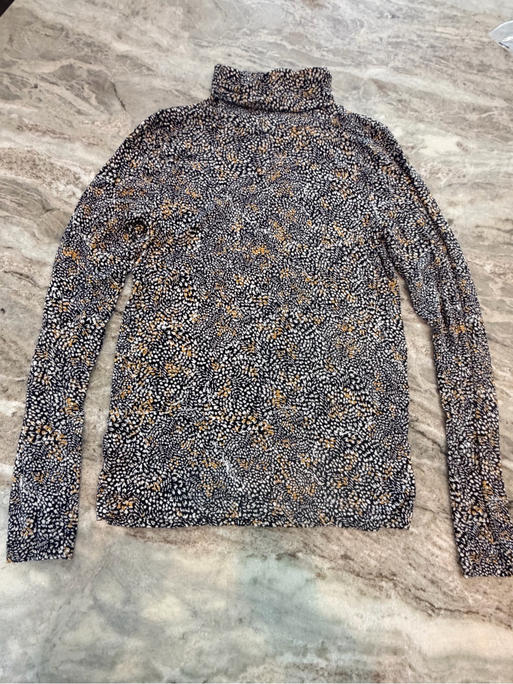 LOFT Printed Turtleneck Top Small Black Cream Mustard Stretch Long Sleeve